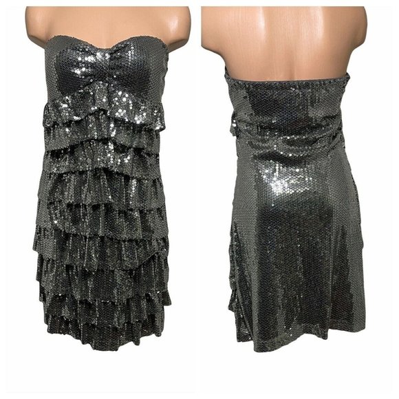 Rue21 Dresses & Skirts - Rue 21 Sequined Dress Womens sz Med Silver Strapless Ruffles Party Prom Club